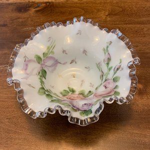 Vintage Fenton Silver Crest Crimped Edge Bowl Hand Painted with Charleton Design